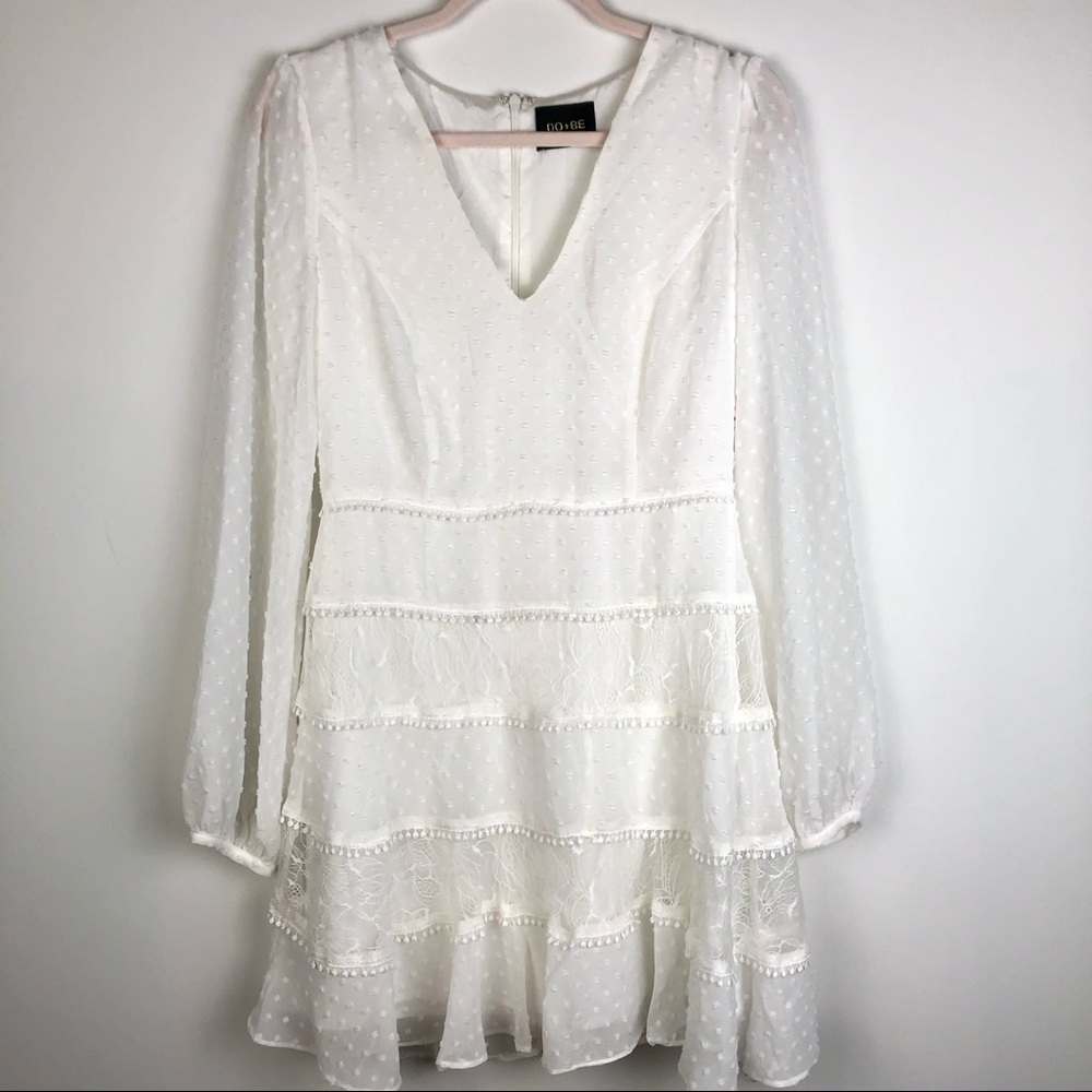 DO+BE White Long Sleeve Swiss Dot and Lace Romantic Dress Medium